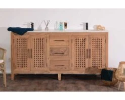 Meuble Double Vasque 4 Portes En Acacia Et Plateau Quartz "Mékong"