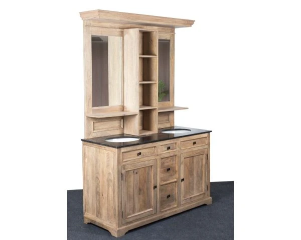 Grand Meuble Double Vasque Pierre Et Bois Massif Avec Miroirs – Image 4