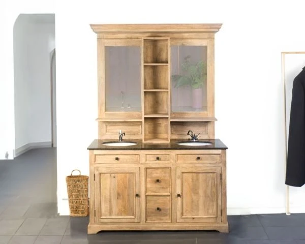 Grand Meuble Double Vasque Pierre Et Bois Massif Avec Miroirs