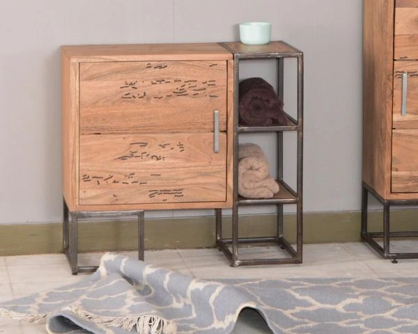 Meuble De Salle De Bain Bois Massif Et Métal "Design"