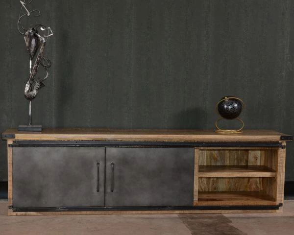 Meuble TV 160 Cm Porte Coulissante Métal Et Bois "Caractère" – Image 2