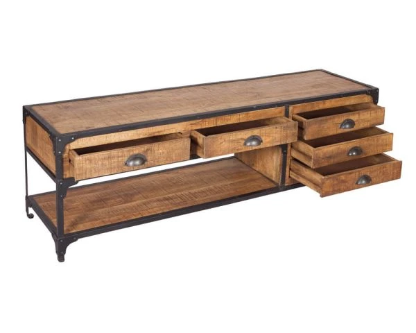 Meuble TV Bas 5 Tiroirs Bois Massif Et Métal 150 Cm "Emil" – Image 4