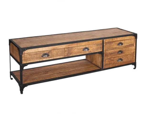 Meuble TV Bas 5 Tiroirs Bois Massif Et Métal 150 Cm "Emil" – Image 2