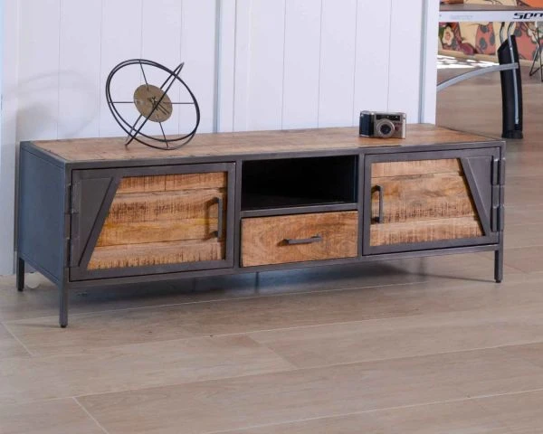 Meuble Télé Bois Et Métal Gris Style Industriel "Vista" 150 Cm – Image 2