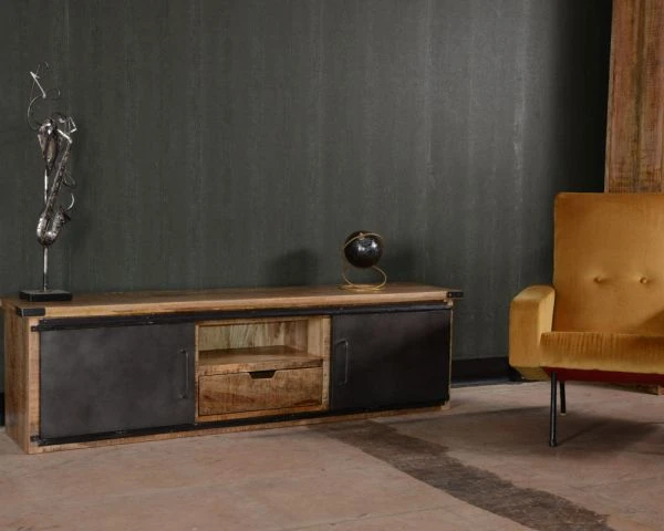 Meuble TV 160 Cm Porte Coulissante Métal Et Bois "Caractère" – Image 4