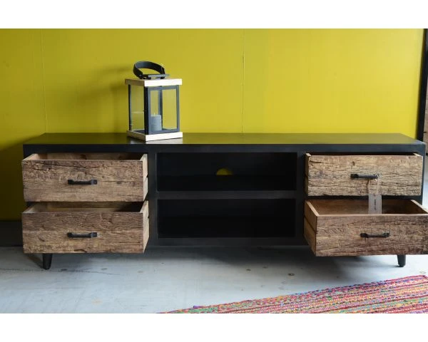 Meuble TV Industriel Noir Et Bois Brut Recyclé 4 Tiroirs "Jazz" – Image 4