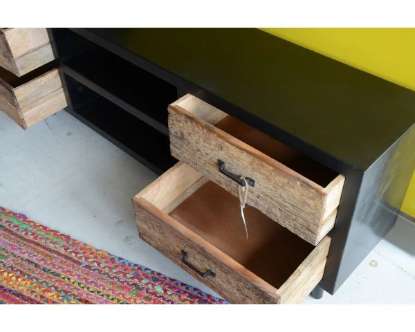 Meuble TV Industriel Noir Et Bois Brut Recyclé 4 Tiroirs "Jazz" – Image 5
