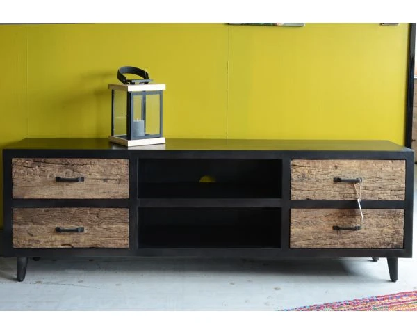 Meuble TV Industriel Noir Et Bois Brut Recyclé 4 Tiroirs "Jazz" – Image 3