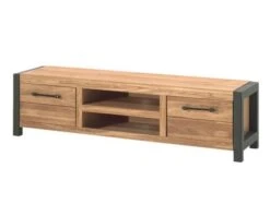 Meuble TV Bas Chêne Massif Huilé Et Métal Noir "Catane" Double Niche