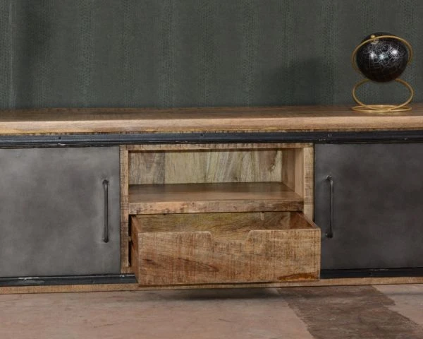 Meuble TV 160 Cm Porte Coulissante Métal Et Bois "Caractère" – Image 5