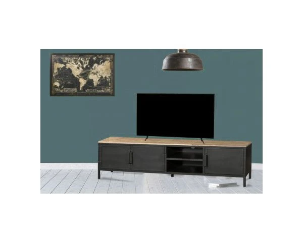 Meuble TV Industriel Métal Noir Et Bois 180 Cm "Dowtoun" – Image 3