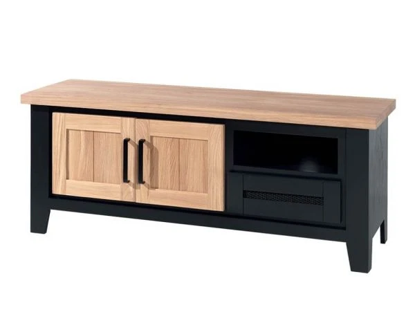 Meuble TV Pin Noir Et Chêne Naturel Style Atelier « Ashland » 140 Cm