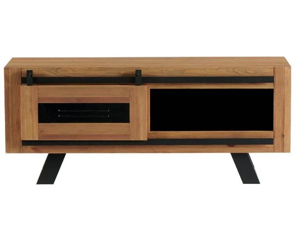 Meuble Télé Industriel En Bois Massif Brun Et Noir "Cardiff" – Image 3