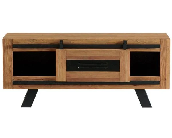 Meuble Télé Industriel En Bois Massif Brun Et Noir "Cardiff" – Image 2