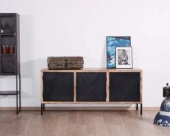 Buffet Bas Design En Métal Noir Et Bois Naturel 3 Portes "Pierre"