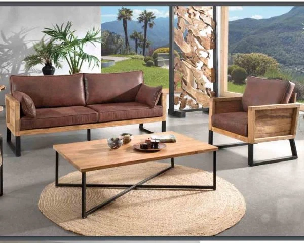 Canapé 2 Places Bois De Teck Et Tissu Imitation Cuir Havane "Roster" – Image 2