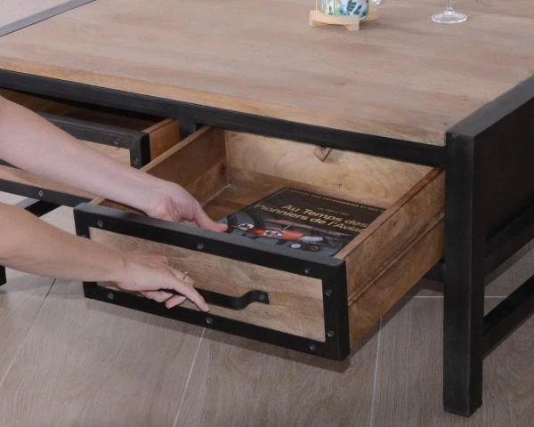 Table Basse Carrée Style Industriel Avec Tiroirs "Saturne" 100x100cm – Image 6