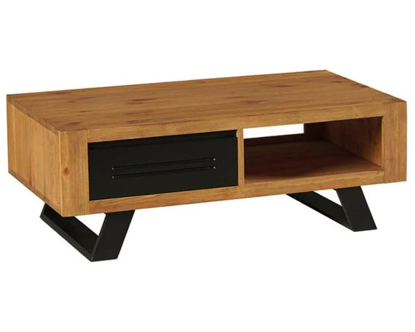 Table Basse Industrielle Bicolore En Bois Massif Avec Tiroir "Cardiff"