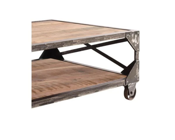 Table Basse Industrielle Sur Roues Double Plateau Bois Et Métal