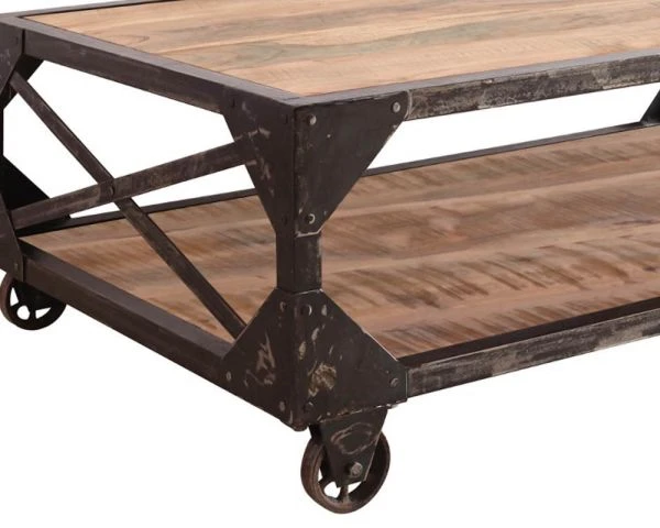 Table Basse Industrielle Sur Roues Double Plateau Bois Et Métal – Image 2