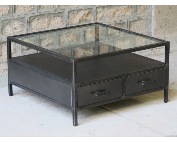 Table Basse Métal Et Verre Carrée 85 Cm "Black Cook"