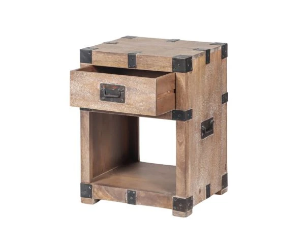 Table De Chevet Style Vintage En Manguier Blanchi Et Métal "Voyage" – Image 3