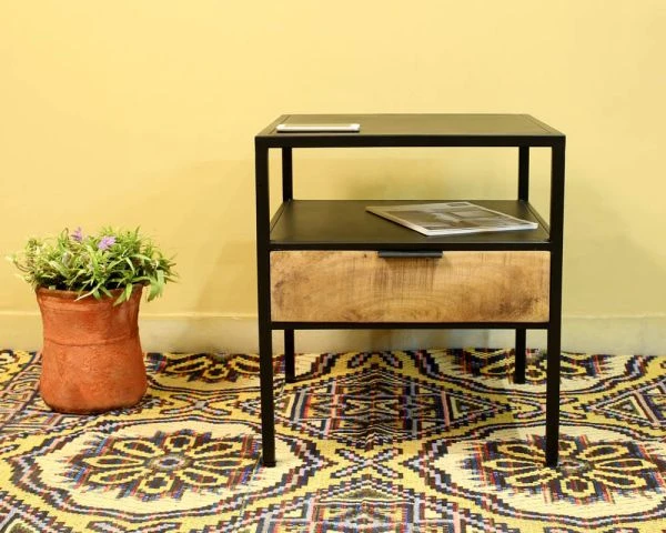 Table De Chevet Industrielle Noire Et Bois 1 Tiroir "Atelier"