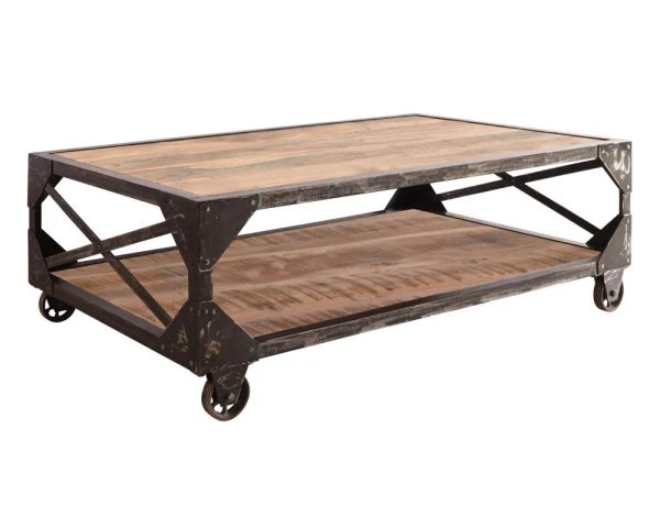 Table Basse Industrielle Sur Roues Double Plateau Bois Et Métal – Image 3