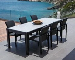 Table Et 6 Chaises Alu Noir, Céramique Et Tissu Sunbrella "Terrasse"