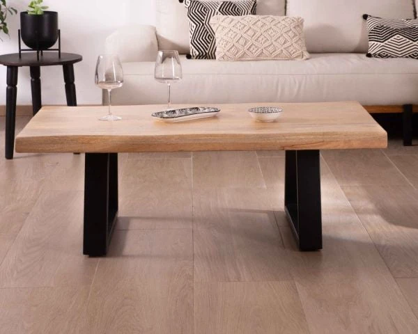 Table Basse Design Plateau Naturel Pieds Trapèzes En Métal « Caractère » – Image 3