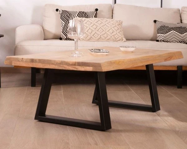 Table Basse Design Plateau Naturel Pieds Trapèzes En Métal « Caractère » – Image 4