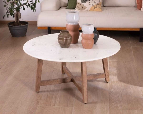 Table Ronde Marbre 90 Cm Avec Pieds Obliques En Manguier Massif "Lor" – Image 6
