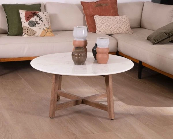 Table Ronde Marbre 90 Cm Avec Pieds Obliques En Manguier Massif "Lor" – Image 4