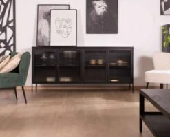 Enfilade 4 Portes Métal Bois Verre Cannelé Style Contemporain "Boston"