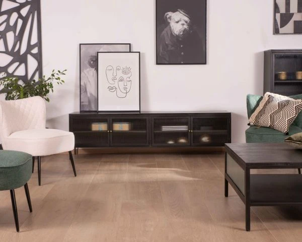 Meuble TV Noir 180 Cm "Boston" Portes Vitrées Structure Métal Et Bois – Image 8