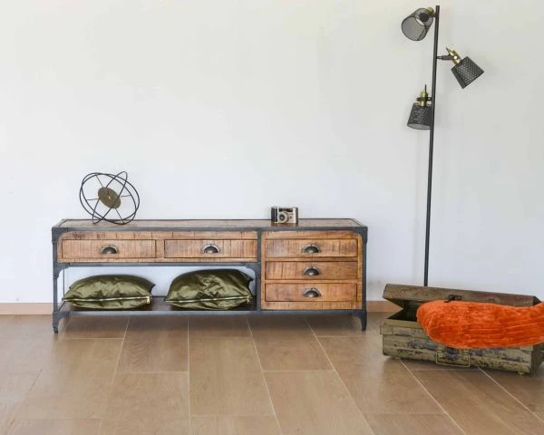 Meuble TV Bas 5 Tiroirs Bois Massif Et Métal 150 Cm "Emil"