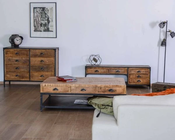 Meuble TV Bas 5 Tiroirs Bois Massif Et Métal 150 Cm "Emil" – Image 3