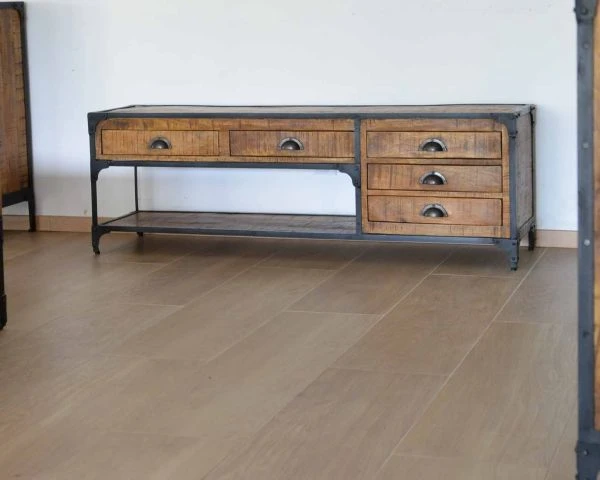 Meuble TV Bas 5 Tiroirs Bois Massif Et Métal 150 Cm "Emil" – Image 6