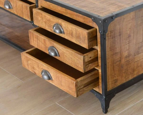 Meuble TV Bas 5 Tiroirs Bois Massif Et Métal 150 Cm "Emil" – Image 7