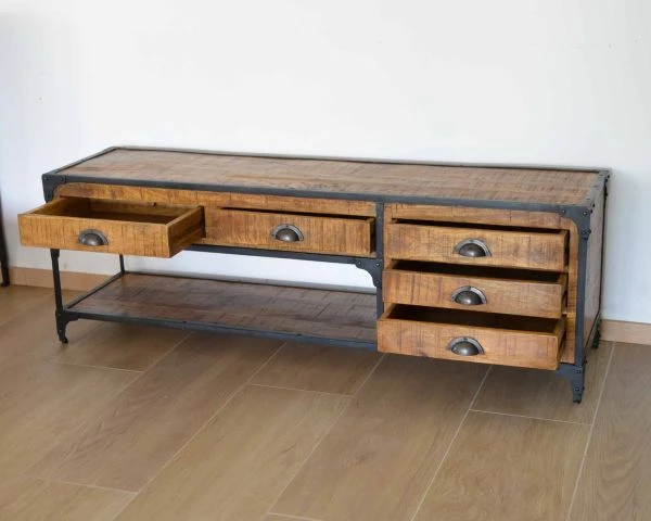 Meuble TV Bas 5 Tiroirs Bois Massif Et Métal 150 Cm "Emil" – Image 5