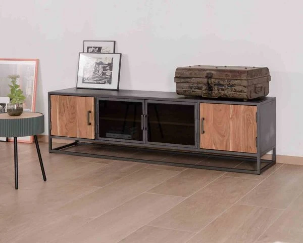 Grand Meuble TV Industriel En Métal Et Acacia Massif "Garry" – Image 2