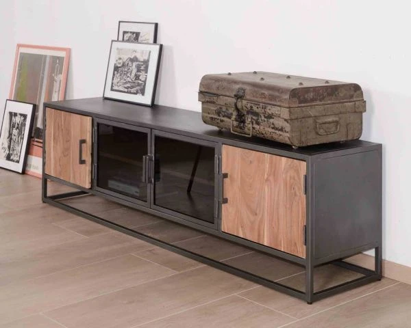 Grand Meuble TV Industriel En Métal Et Acacia Massif "Garry" – Image 3