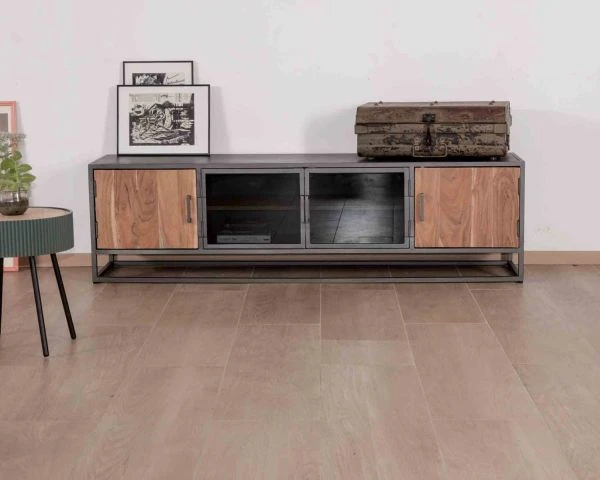 Grand Meuble TV Industriel En Métal Et Acacia Massif "Garry"