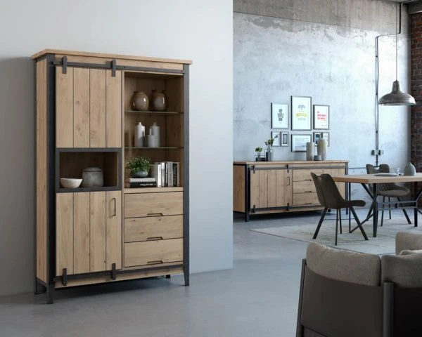 Meuble De Rangement Avec Vitrine Bois Massif Et Métal Foncé "Breeze"