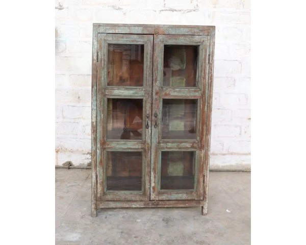 Vitrine Indienne En Bois Exotique, Verre Et Poignées Métal "Batti"